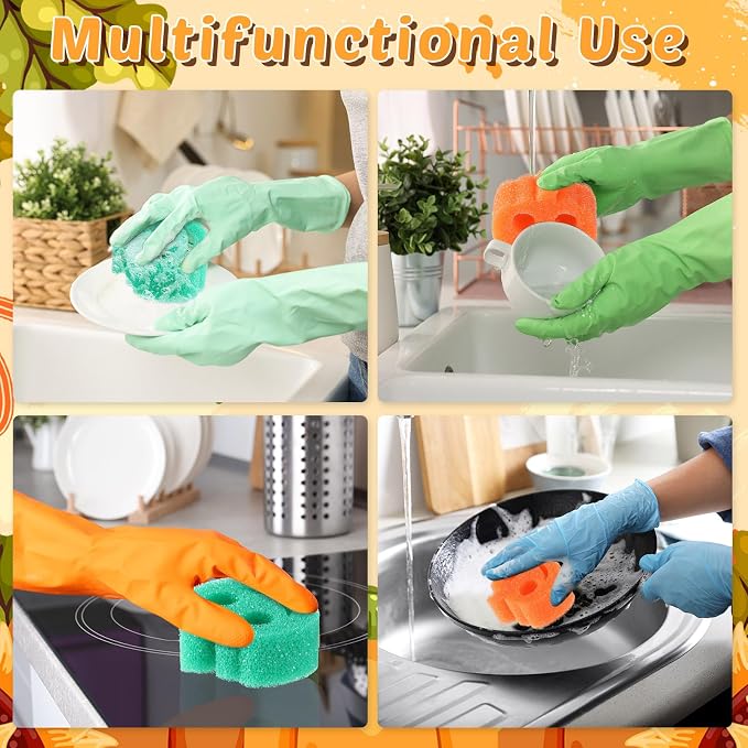 FillTouch 3 Pcs Dual Sided Scrub Sponge Multi Functional Cute Temperature Sensitive Non Scratch Dish Sponge for Washing Dishes Kitchen Bathroom (Thanksgiving Pumpkin,Orange, Yellow, Green)