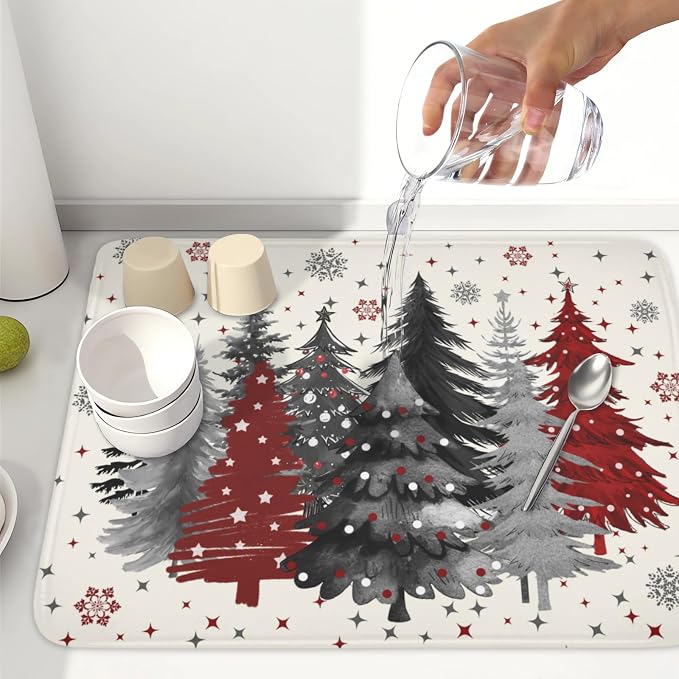 Christmas Gray Red Tree Dish Drying Mat 18x24 Inch Xmas Snowflake | Winter，Polyester，Absorbent Microfiber，for Kitchen Coffee Dining Bar Decor