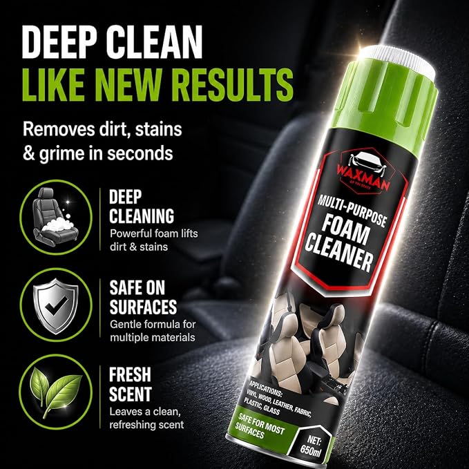 Car Interior Foam Cleaner with Soft Brush Cap – Multi-Purpose Deep Cleaning Foam Spray for Leather, Vinyl, Fabric, Plastic – Safe Non-Drip Formula, Fresh Scent, 22 oz