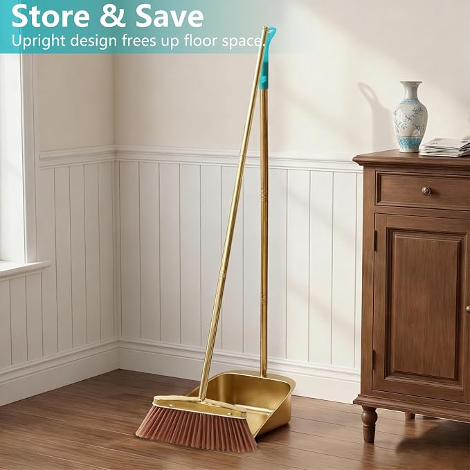 Gold Broom and Dustpan Set, Minimalist Upright Sweeper with Long Handle, Heavy Duty Stainless Steel Metal Dust Pan Combo for Home, Kitchen, Office and Indoor Outdoor Use (Gold Basic)