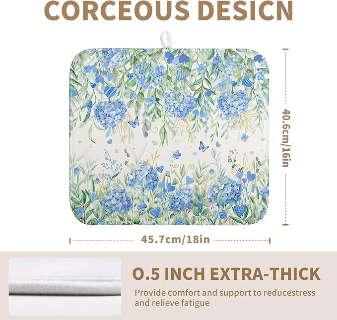 Blue Hydrangea Floral Dish Drying Mat for Kitchen Counter Spring Butterfly Flower Drainer Mat Absorbent Reversible Microfiber Heat Resistant Dry Pad Reusable Washable Dishes Pad 16x18 Inch