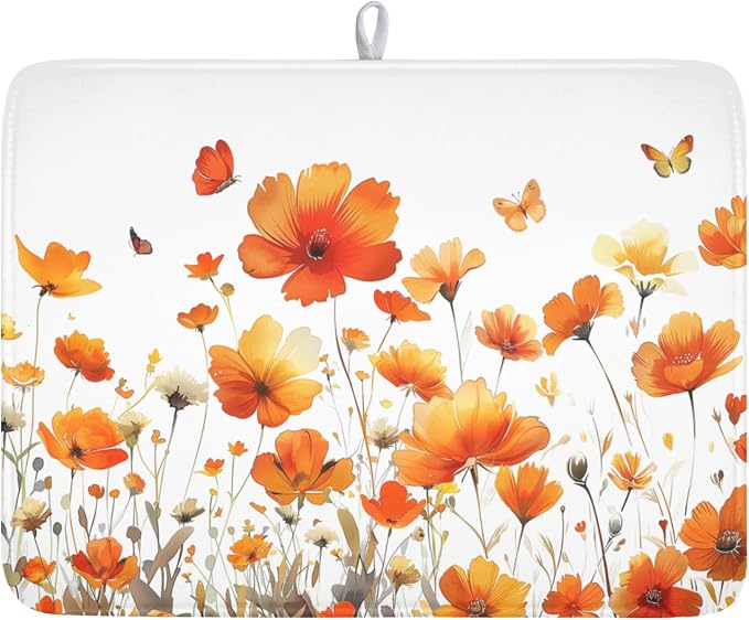 Fall Dish Drying Mat for Kitchen Counter 18 x 24 Inch Autumn Orange Floral Dish Drainer Mat Absorbent Microfiber Thanksgiving Harvest Dish Rack Pad for Coffee Dining Decor