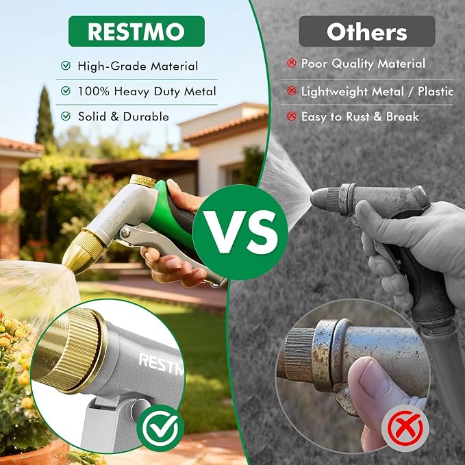 RESTMO Metal Water Hose Nozzle, High Pressure Garden Sprayer, Green | Adjustable Brass Head for 4 Spray Patterns, Heavy Duty Garden Water Sprayer for Outdoor Lawn & Plant & Car