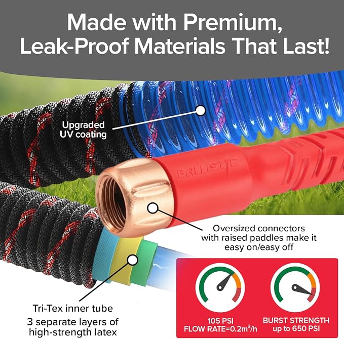 Pocket Hose Ballistic 100 FT Expandable Garden Hose, No-Kink, As Seen on TV | Anti-burst sleeve reinforced with bulletproof fiber, 360° swiveling pocket pivot connector, lightweight compact design