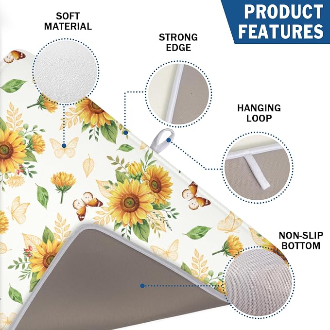 Sunflower Dish Drying Mat for Kitchen Counter Summer Yellow Floral Microfiber Dish Drainer Mat Rustic Farmhouse Absorbent Washable Drying Pad Extra Large 18"x24"