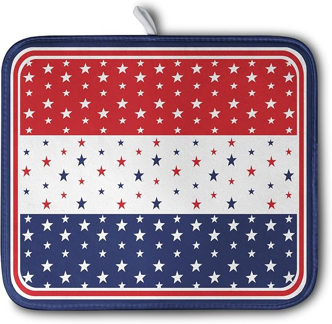4th of July Dish Drying Mat for Kitchen Counter Patriotic Red White Blue Stars Drying Pad Microfiber Absorbent Dish Draining Mat Microfiber Independence Day Dish Drainer Rack Mats 16x18 Inch