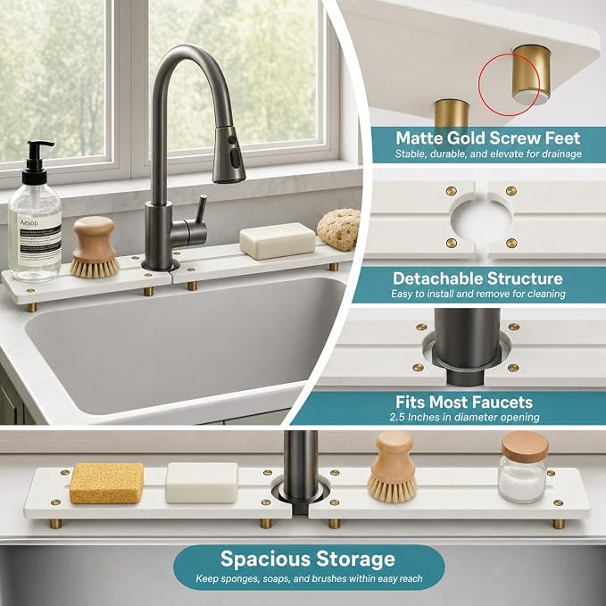 2PCS Stone Faucet Mat for Kitchen Sink, Water Absorbing Sink Tray Organizer for Bathroom Counter, Diatomite Soap Dish Coaster Caddy Riser, Sponge Holder Dispenser Mat, Gold White 23.6" x 4", 1 Set