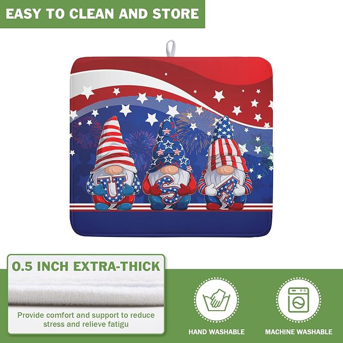 Kawani 4th of July Dish Drying Mat 16x18 Inch Spring Summer Patrioti Gnome Memorial Kitchen Mats Independece Day Absorbent Dishes Pad for Kitchen Counter Usa Stars Drying Mat Home Decor Countertops