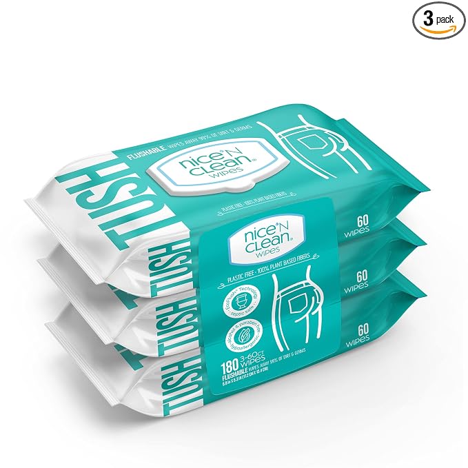 Nice 'N Clean Adult Flushable Wipes (3 x 60 Count) | Personal Cleansing Wipes Made from Plant-Based Fibers | Infused with Aloe & Vitamin E