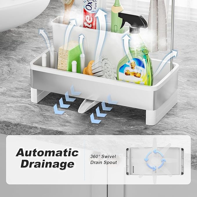 Ewaiira Sponge Holder for Kitchen Sink, Stainless Steel Sink Caddy with Brush Holder & Dishcloth Rack, Countertop Sink Organizer, Soap Dispenser Kitchen Organizers Storage Essentials (E-White 9.8″)
