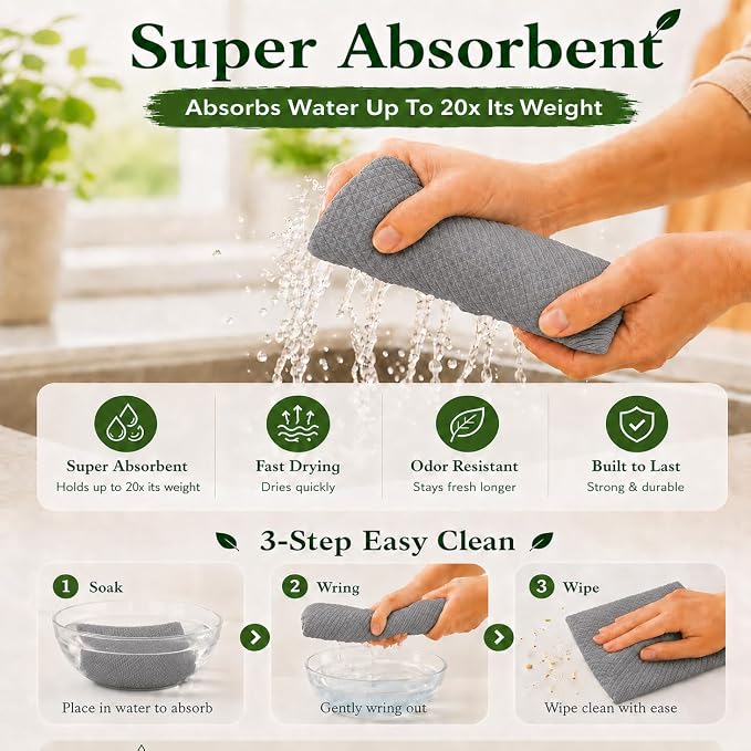 Swedish Dishcloths for Kitchen – 10 Pack Grey Reusable Cellulose Sponge Cloths – Ultra Absorbent, Eco-Friendly Cleaning Towels – No Odor, Assorted Dishcloths for Washing Dishes & General Cleaning