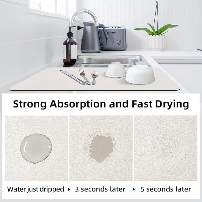 LOPNUR Kitchen Dish Drying Mat, 31.5"x17" Dish Drying Mats for Kitchen Counter, Diatomite Coffee Mat, Super Absorbent Dish Drying Pad, Heat Resistant Mat with Anti-slip Rubber Backed, Cream White