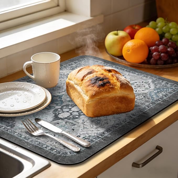 Dish Drying Mat, Vintage Rustic Boho Kitchen Dishes Absorbent Pad, 16x18in | Eco-friendly diatomite with non-slip rubber backing. Super absorbent mat for kitchen counters, coffee bars & sinks