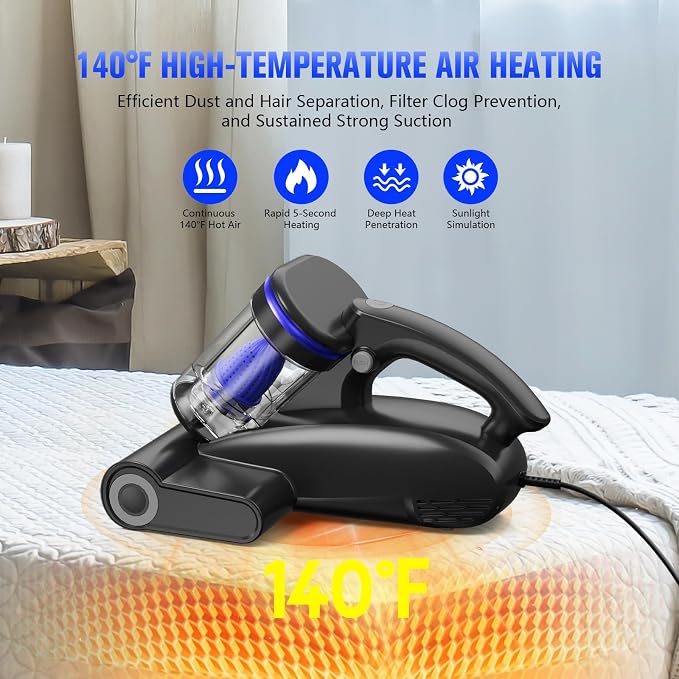 Mattress Vacuum with UV-C Light,16Kpa Bed Vacuum Cleaner for Sofa,Crib | 140°F High Heat, Ultrasonic, Double Dust Cup, Anti-Entanglement Roller, 5m Cord, 500W Motor, for Mattress, Couch, Pet Bed