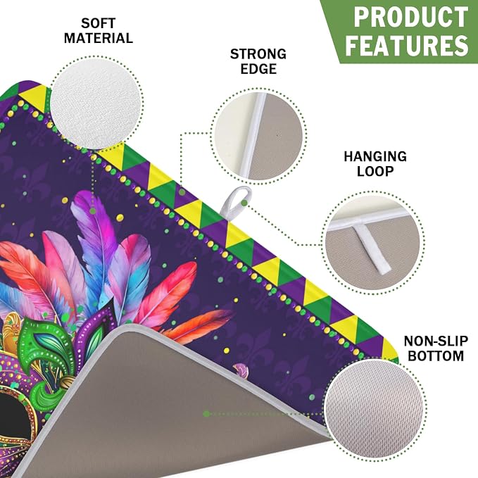 Mardi Gras Dish Drying Mat for Kitchen Counter Masquerade Mask Feather Dishes Drying Mat Microfiber Absorbent Reusable Washable Dishes Drainer Rack Mats 16x18 Inch