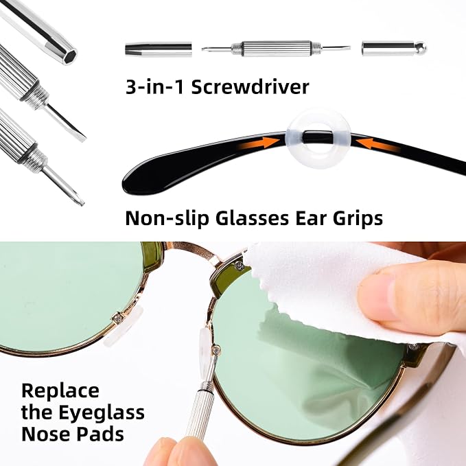 Glasses Cleaner Eyeglass Cleaning Kit with Anti Fog Spray, Microfiber Cloth | Streak-Free Cleaning Pads，Lens Wipes for Sunglasses Camera Lenses, Includes Screwdriver, Nose Pads, Ear Grips, Storage Case
