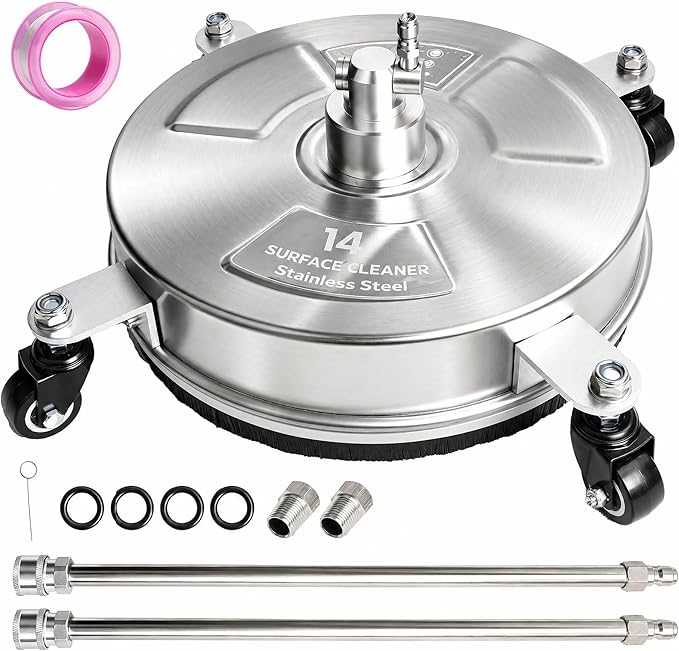 Hourleey 14" Pressure Washer Surface Cleaner, Stainless Steel Surface Cleaner with 4 Wheels for Concrete, Patio, Sidewalk, Deck, Pathway 1/4" Quick Connector, 2 Extension Wand, 4000 PSI