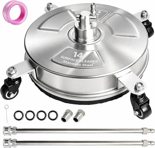 Hourleey 14" Pressure Washer Surface Cleaner, Stainless Steel Surface Cleaner with 4 Wheels for Concrete, Patio, Sidewalk, Deck, Pathway 1/4" Quick Connector, 2 Extension Wand, 4000 PSI