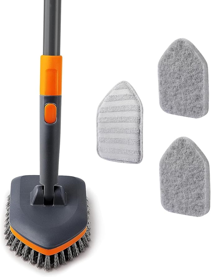 CLEANHOME Tile Tub Scrubber Brush with 3 Different Function Cleaning Heads and 56" Extendable Long Handle-No Scratch Shower Scrubber for Cleaning Bathroom Kitchen Toilet Wall,Bathtub,Sink,Grey