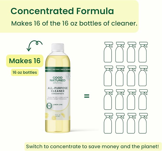 Good Natured Brand All-Purpose Cleaner Concentrate | Multi-Surface Cleaner | Natural Lemon Essential Oil | Multipurpose Cleaner Concentrate All Surfaces | Lemon Love | 16oz makes 256oz