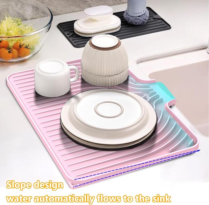 Dish Drying Mat for Kitchen Counter, 18"x12" Dish Drying Rack (pink) | Various Sizes & Colors,Steep-Slope Built in Drain,High-fin Ventilation,Food-grade Silicone,500F heat resistant,for Flat sinks