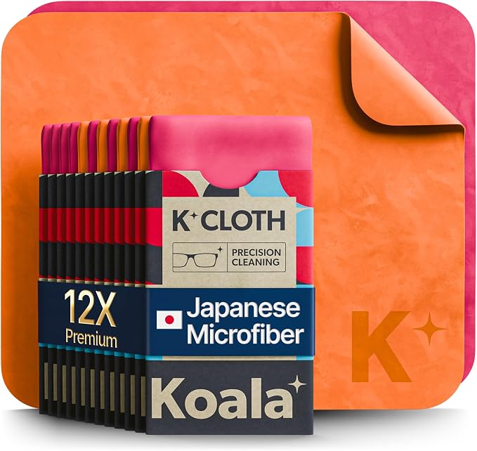 Koala Lens Cleaning Cloth | Japanese Microfiber | Pink Orange (Pack of 12) | Glasses Cleaning Cloths | Eyeglass Lens Cleaner | Eyeglasses, Camera, VR/AR Headset, and Screen Cleaner | Washable & Reusable