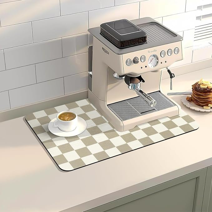Dish Drying Mat for Kitchen Counter,11.8"x 18.9" Super Absorbent Kitchen Dish Drying Pad, Coffee Bar Mat with Rubber Backed, Coffee Bar Accessories for Countertop,Beige Checkered