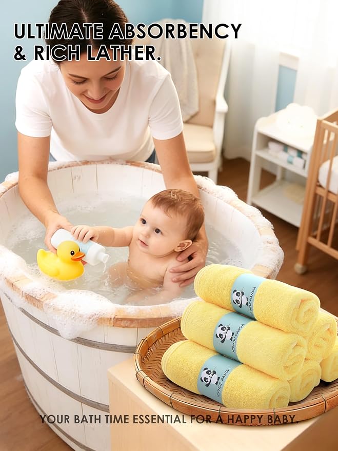 HIPHOP PANDA Baby Washcloths, Rayon Made from Bamboo - 2 Layer Ultra Soft Absorbent Newborn Bath Face Towel - Reusable Baby Wipes for Delicate Skin - Yellow, 6 Pack