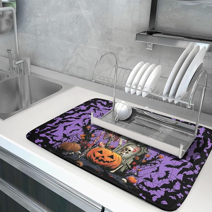 Giwawa Halloween Pumpkin Dish Drying Mat 18x24 inch Spooky Ghost Bat Dish Rack Mats Microfiber Draining Pad Fast Dry Holiday Kitchen Accessories