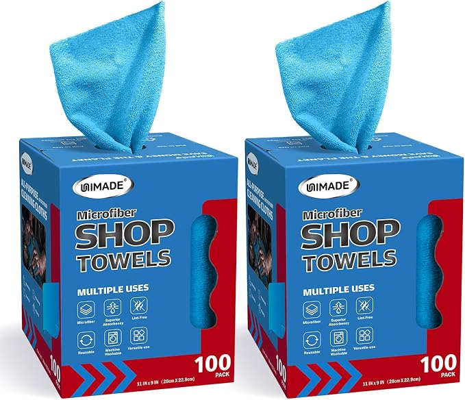 UNIMADE Shop Rags, 2 Boxes - 200 Sheets Microfiber Cleaning Cloth | Commercial Grade Washcloths Lint-Free Bulk Shops Towels for Cars Mechanic Restaurant Garage Housekeeping, 11"x 9", Blue
