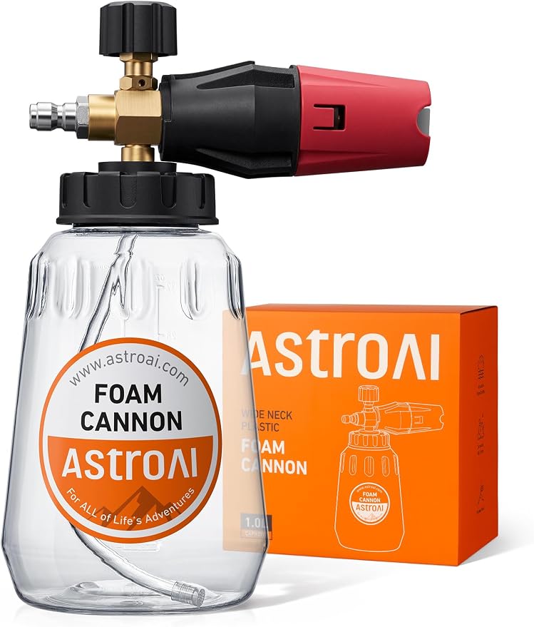AstroAI Foam Cannon for Pressure Washer with 1/4" Quick Connect Plug, 1 L | Thick Foam, Car Wash, Heavy Duty Snow Clear Bottle, Wide Neck, Adjustable, Quick Connect, for Various Cleaning Tasks, Brass