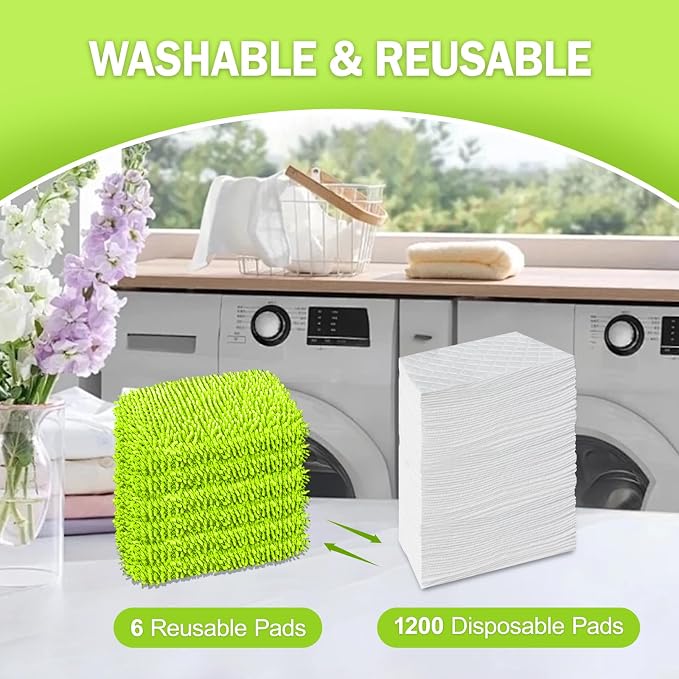 6 Pack Reusable Mop Pads Compatible with Swiffer Sweeper, Dry Sweeping Cloths & Wet Mopping Cloths - Microfiber Mop Pads for Hardwood Floors, Floor Cleaning, Wood Floors (Fluorescent Green)