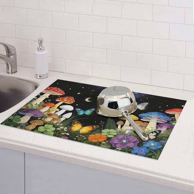 Mushroom Dish Drying Mat, for Kitchen Counter Microfiber Absorbent, Aesthetics Dish Draining Mat Extra Large 18"x24"