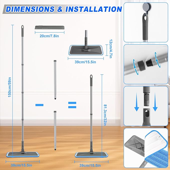 BPAWA Microfiber Mops for Floor Cleaning: Flat Mop for Hardwood Tile Wood | 4 Washable Pads, 59" Adjustable Handle, Dry & Wet Mopping Home Kitchen Bathroom Laminate Vinyl Marble Floors Multi-surfaces