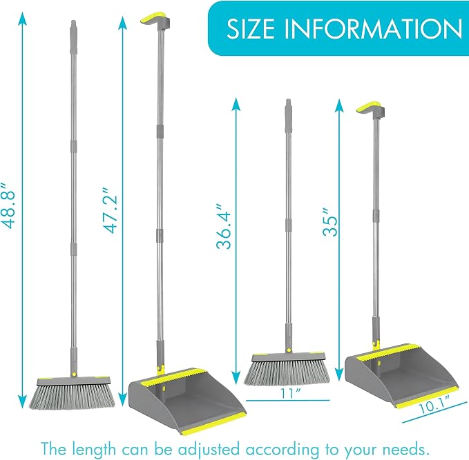 2-Pack Broom and Dustpan Combo Set, 48" Long Adjustable Handle Stand Up Dustpan with Self-Cleaning Teeth, Ideal for Home, Office, Kitchen, Indoor & Outdoor Use, Grey | Stand Up Dustpan with Self-Cleaning Teeth and Long Handle Broom Set for Home, Office...