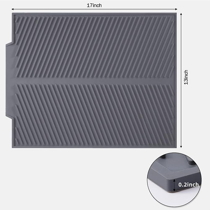 Dish Drying Mat for Kitchen Counter, Silicone Large Dish Drying Pad, Easy Clean Non-slipping Heat Resistant Dish Rack Mat, Foldable Dish Drain Mat, 17'' x 13'', Gray