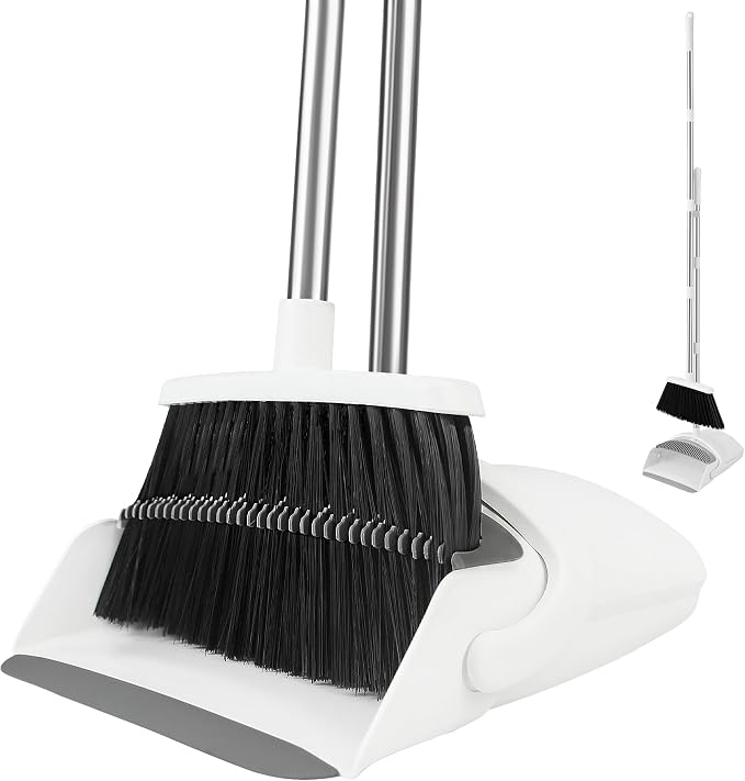 Broom and Dustpan Set, 52" Adjustable Handle Broom, White | Dustpan Self-Cleaning Teeth for Hair, 52" Long Handle Standing dustpan,Suitable for Home Kitchen Office Hall Floor