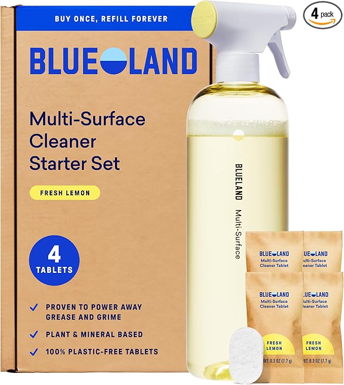 BLUELAND Multi-surface Cleaner, Starter Set, Fresh Lemon Scent, Spray Bottle with 4 Refill Tablets, All-Purpose, Eco-Friendly Cleaning Supplies, 4 x 24 Fl oz