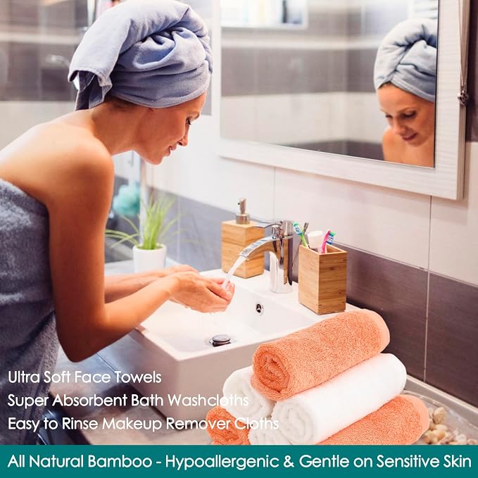 Wash Cloths 6 Pack,Face Towel for Sensitive Skin,13''x13'',White+Orange | 100% Viscose,Women Makeup Removal,Extra Soft,Gently Wash Face & Body,Fast Dry,Hanging Loop,Face Cleansing,Bathroom,Travel Use