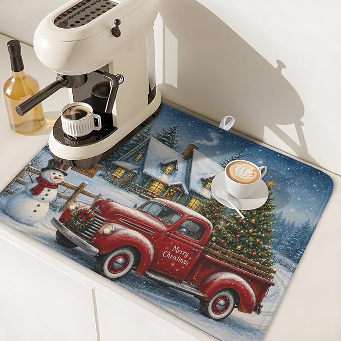 Merry Christmas Dish Drying Mat for Kitchen Counter 18x24 Inch Snowman Truck Dish Drainer Mat Absorbent Microfiber Winter Snowflake Dish Rack Pad for Coffee Dining Bar Decor
