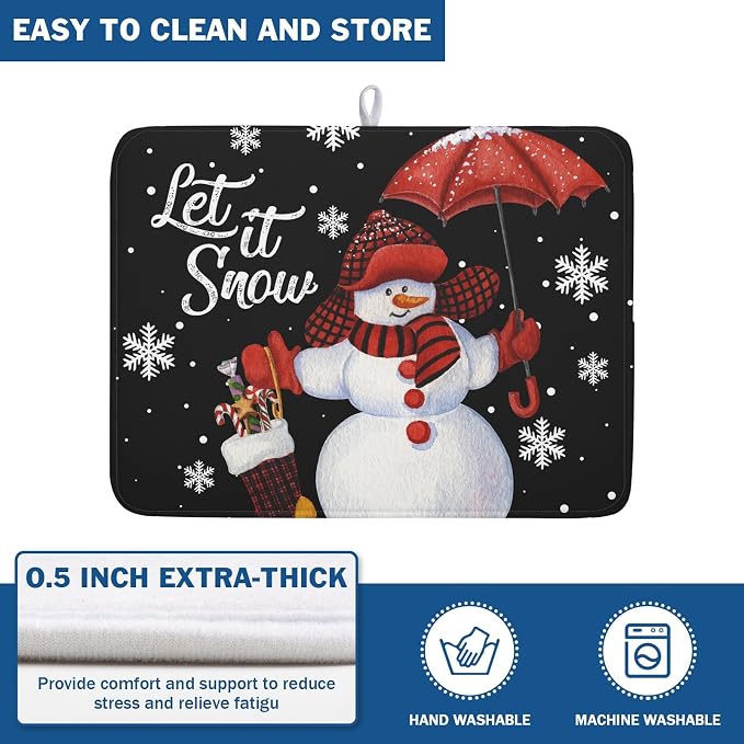 Black Snowman Dish Drying Mats for Kitchen Counter, Winter Snowflake Dish Mat Absorbent Reversible Microfiber Dish Drying Pad Christmas Kitchen Drying Mat Dish Drainer Rack Mats for Bar 18”x24”