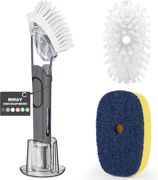 RIMAY Dish Brush with Soap Dispenser Storage Set with 2 PCS Brush Refills & Holder, Dish Scrubber with Soap Dispenser, Dish Soap Brush, Dish Wand with Soap Dispenser for Dishes, Pans, Sink, Pots