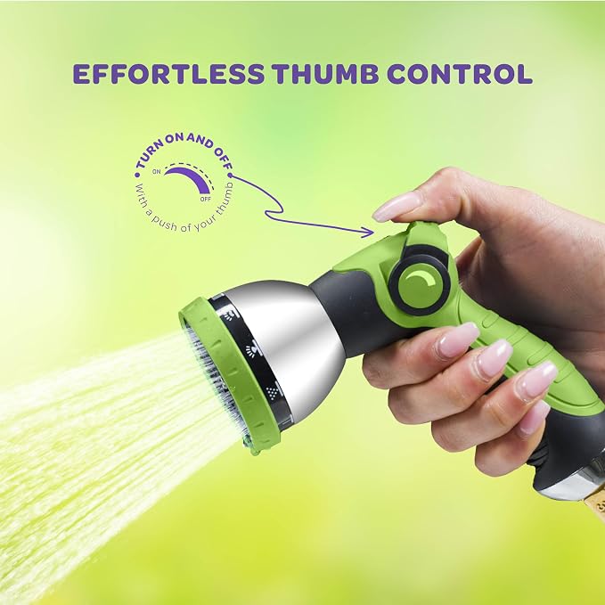 Hose Nozzle [Green] Heavy Duty Hose Sprayer With 10 Adjustable Watering Patterns. Thumb Control Design, Comfortable Ergonomic Grip, Garden Hose Nozzle for Watering Plants & Lawns/Fun showers/Cleaning