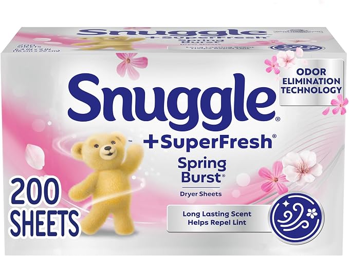 Snuggle SuperFresh Dryer Sheets, 200 Count, Spring Burst | Long-Lasting Fresh Clean Scent, Odor-Eliminating formula, Softens, Reduces Static and Wrinkles, Repels Lint & Pet Hair.