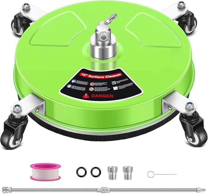 LidoDola 16'' Pressure Washer Surface Cleaner Green, Power Washer Accessory | Stainless Steel Housing with 4 Wheels, 1/4" QC, 2 Extension Wands & 2 Replacement Nozzles, for Gas & Electric Pressure Washer