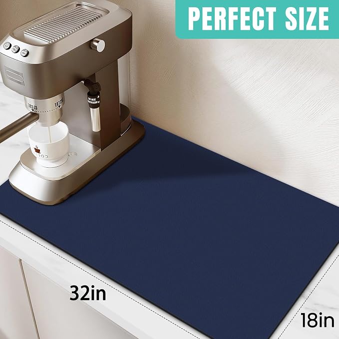 WISELIFE Coffee Mat Super Absorbent Dish Drying Mat Coffee Bar Accessories Match with Machine Large Drying Mats for Kitchen Counter 18" W x 32" L, Blue