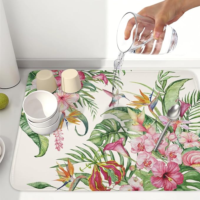 Floral Hibiscus Dish Drying Mat for Kitchen Counter 18x24 Inch | Floral，Polyester，Absorbent Microfiber，for Coffee Dining Bar Decor