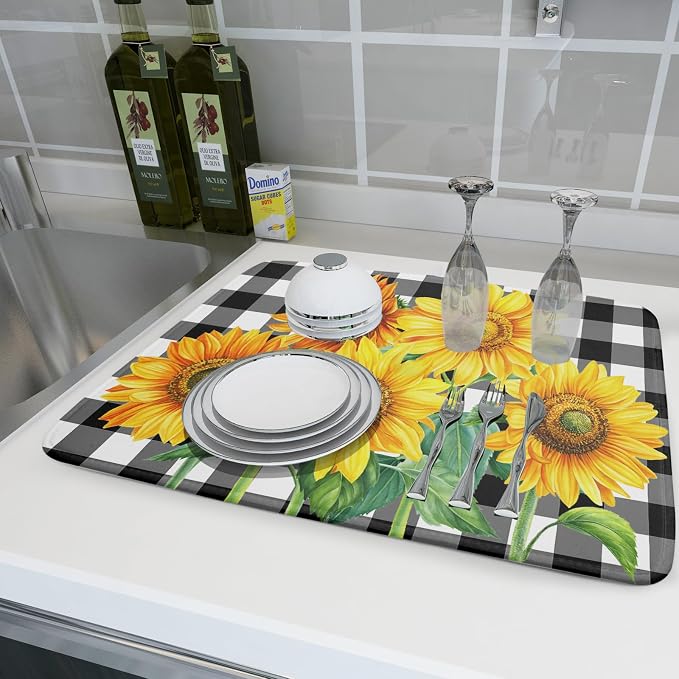 Sunflower Dish Drying Mat for Kitchen Counter Watercolor Black White Plaid Microfiber Absorbent Dish Draining Reusable Washable Foldable Extra Large 18"x24"