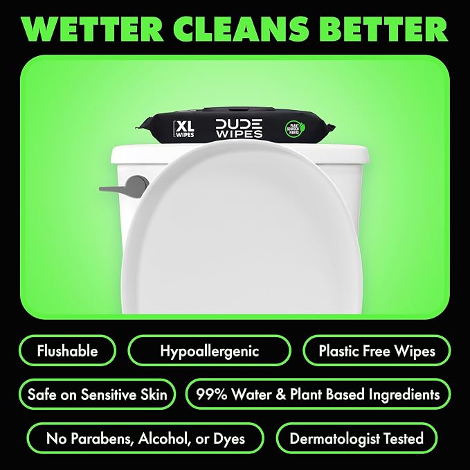 DUDE Wipes Herbal Relief Flushable Wipes - Extra-Large Adult Wet Wipes - 6 Pack (288 Count) - Infused with Soothing Witch Hazel, Geranium Essential Oils, Vitamin E, and Aloe - Septic and Sewer Safe
