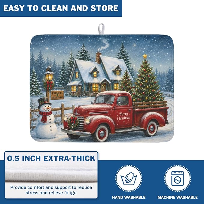 Merry Christmas Dish Drying Mat for Kitchen Counter 18x24 Inch Snowman Truck Dish Drainer Mat Absorbent Microfiber Winter Snowflake Dish Rack Pad for Coffee Dining Bar Decor